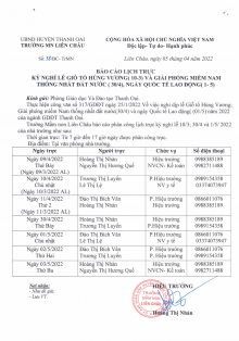 LỊCH TRỰC  KỲ NGHỈ LỄ 10-3 ; 30/4; 1- 5 NĂM 2022 TRƯỜNG MN LIÊN CHÂU