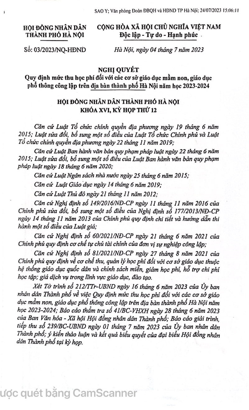 QUY ĐỊNH MỨC THU HỌC PHÍ NĂM HỌC 2023- 2024