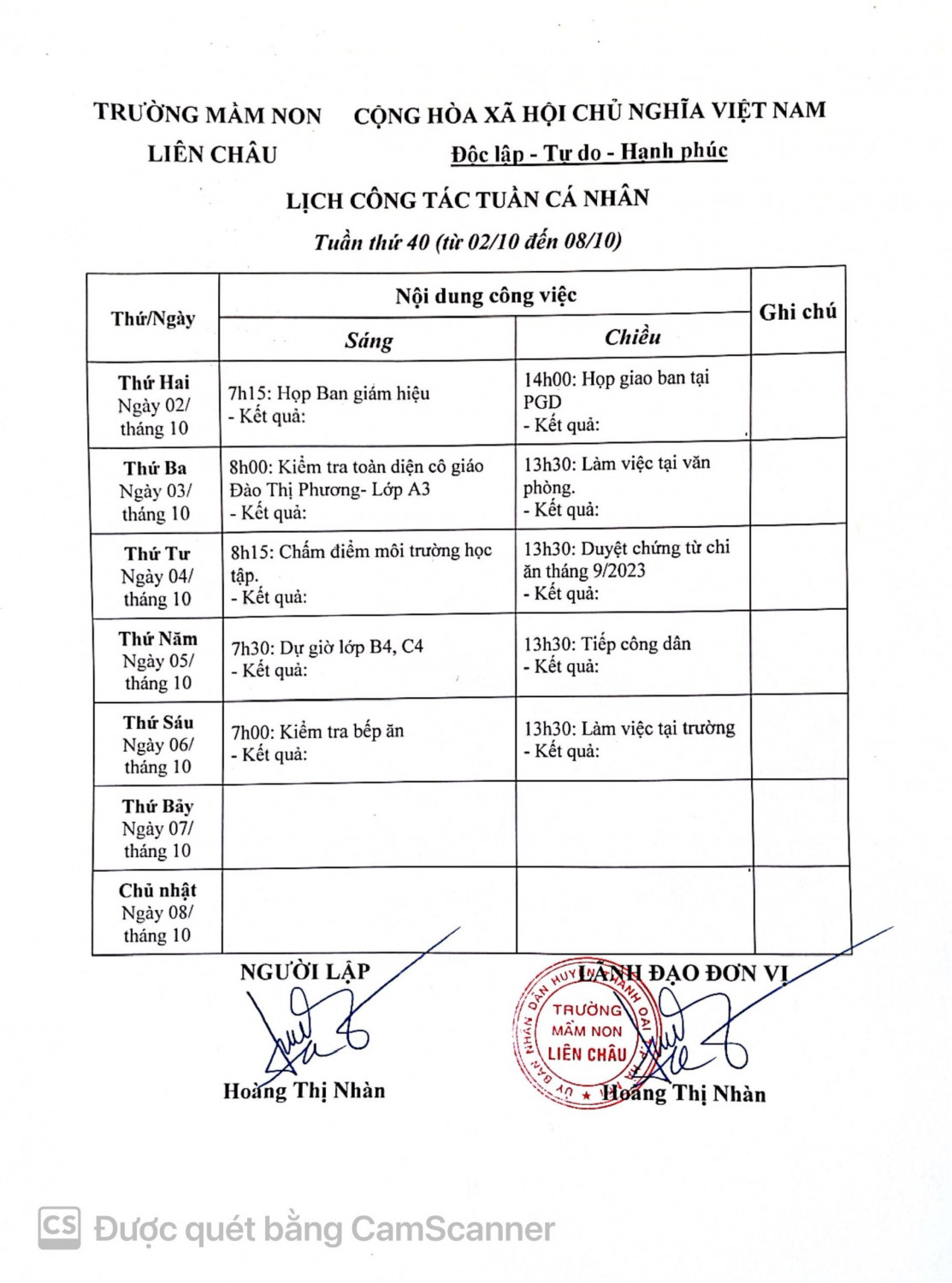 LỊCH CÔNG TÁC TUẦN BAN GIÁM HIỆU