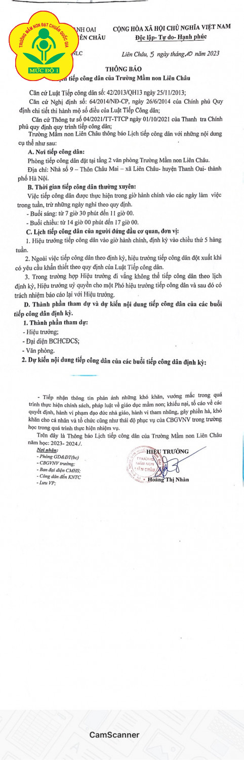 THÔNG BÁO LỊCH TIẾP CÔNG DÂN