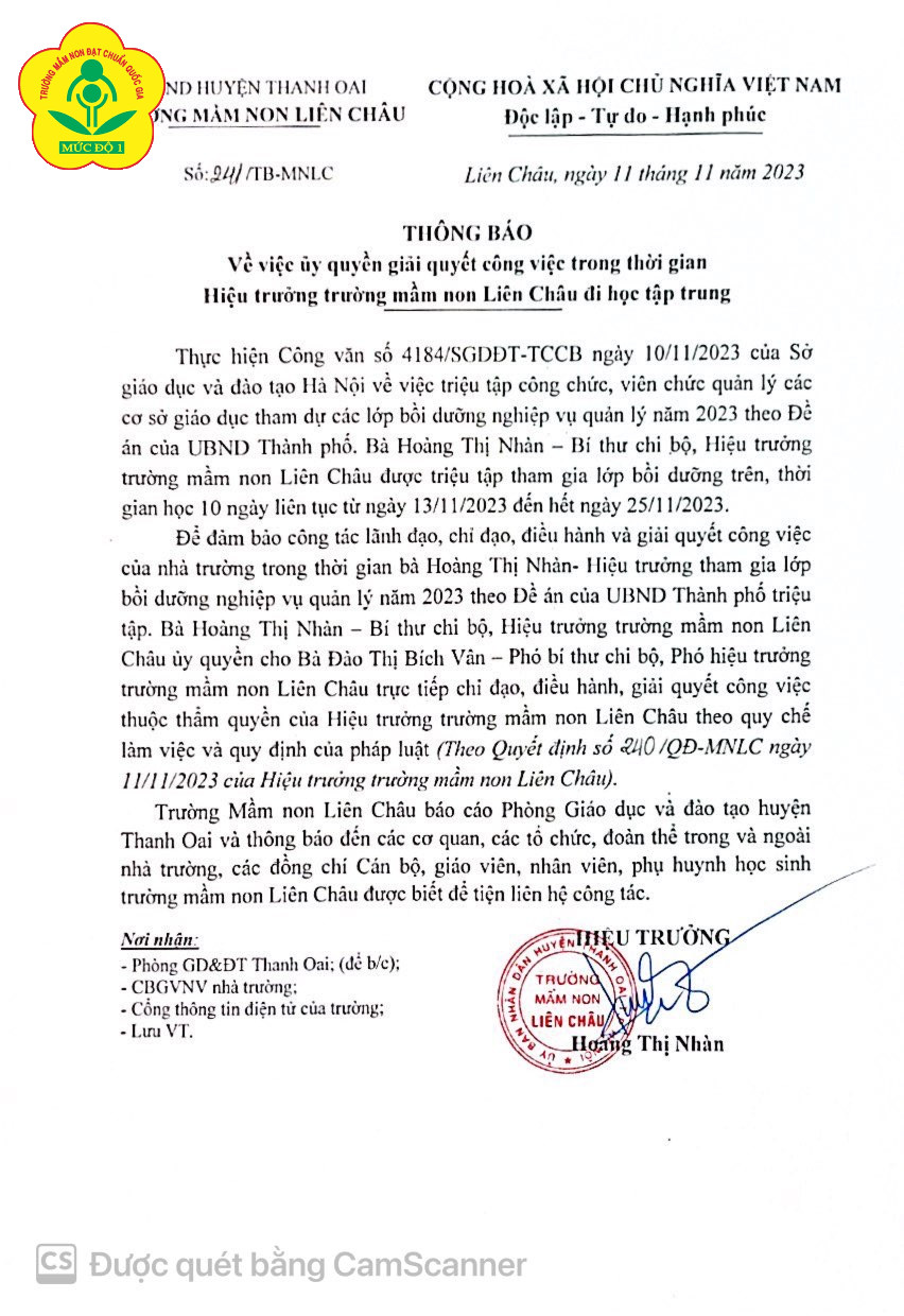 Thông báo về việc ủy quyền giải quyết công việc trong thời gian Hiệu trưởng đi học tập trung tại lớp bồi dưỡng nghiệp vụ quản lý