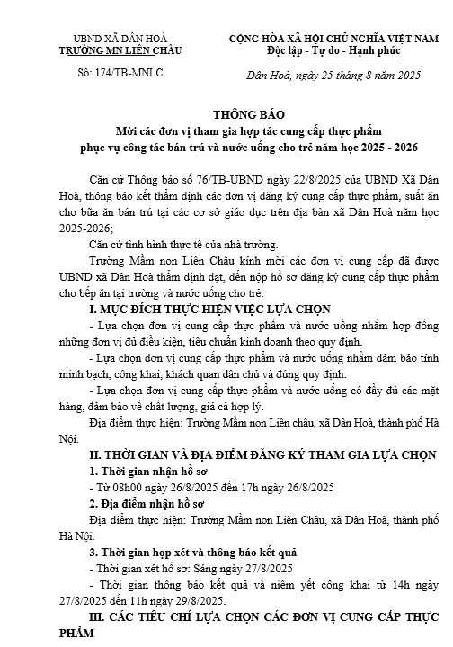 THÔNG BÁO MỜI THAM GIA HỢP TÁC CUNG ỨNG THỰC PHẨM, NƯỚC UỐNG CHO HỌC SINH NĂM HỌC 2025-2026